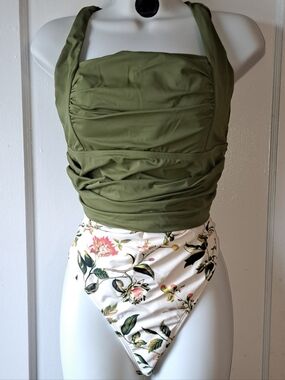 Shade & Shore Olive Green Ruched Tankini Swim Top with Floral High-Waist Bottom